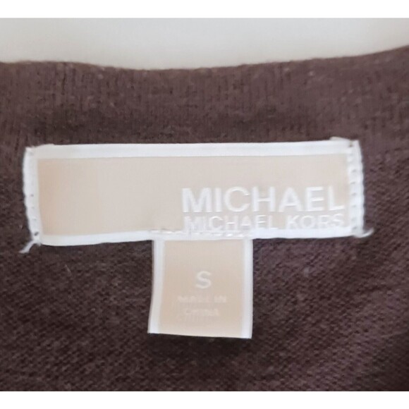 Michael Kors Brown Cotton Angora Full Zip V Neck Sweater Gold Logo Charm Sz S - Picture 2 of 6